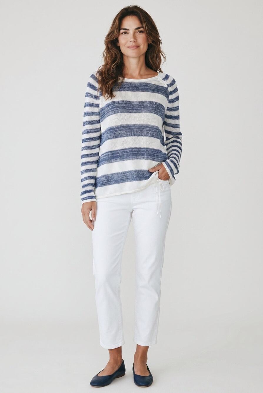 LOFT Striped Knit Sweater Size L White Blue Boat Neck Pullover Coastal Chic